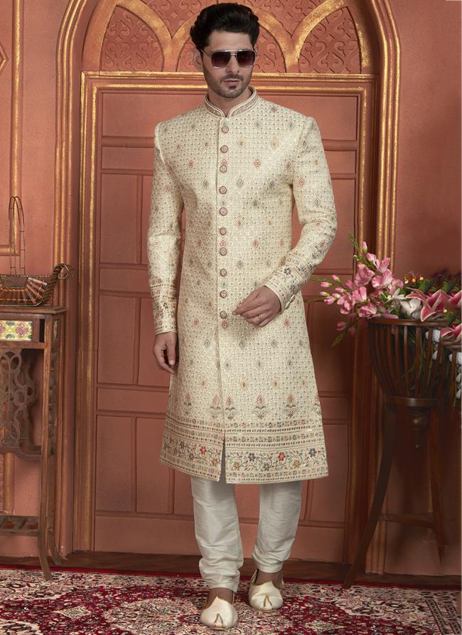 Dhupion Art Silk Cream Wedding Wear Thread Work Readymade Sherwani